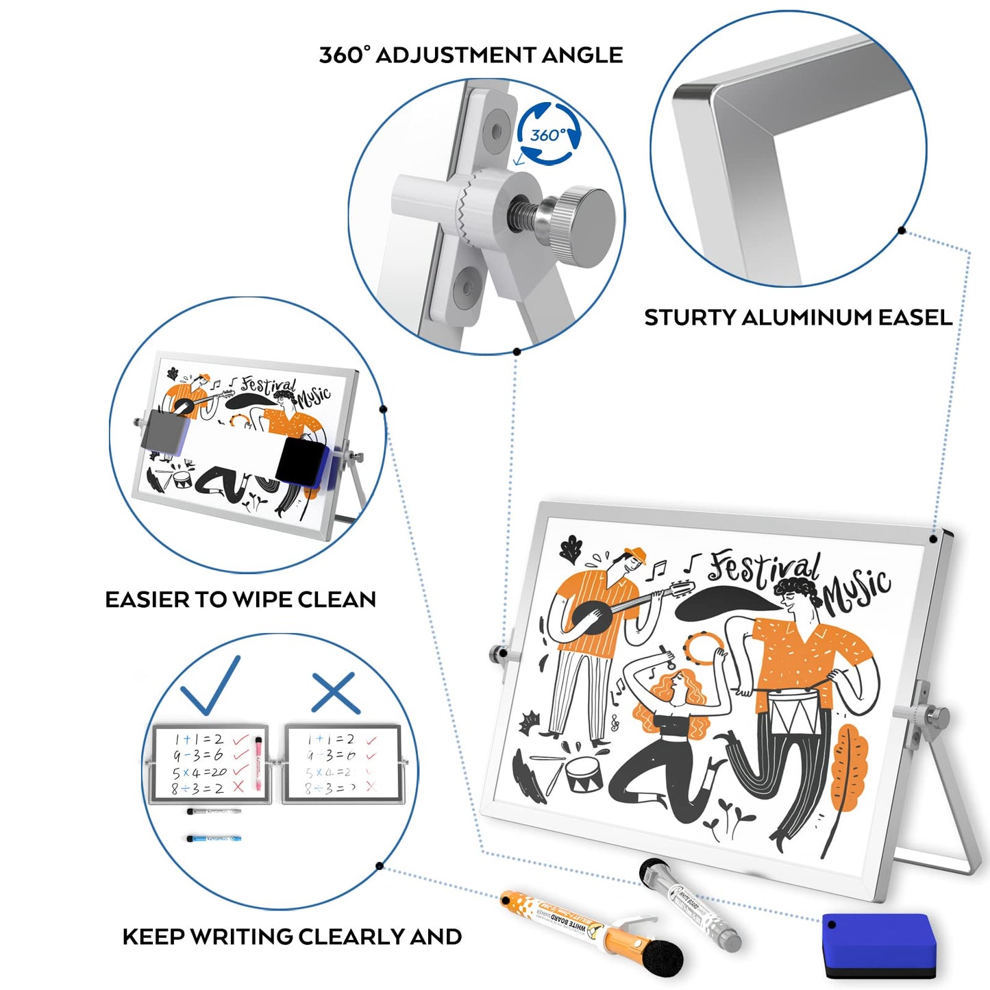 Nicpro Dry Erase Mini Whiteboard A3, 40 x 30 cm Double Sided Small Magnetic Desktop White Board with Stand, 8 Pens, 1 Eraser,4 Magnet, Portable Board Easel for Kids Students School Supplies Office
