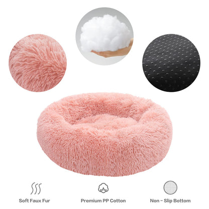 NOYAL Calming Donut Dog Bed for Small to Medium Dogs & Cats - Plush Faux Fur Anti-Anxiety Pet Bed with Machine Washable Cover & Non-Slip Base