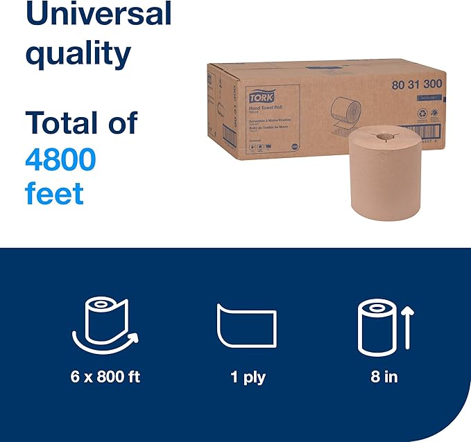Tork Hand Towel Roll Natural H80, 100% Recycled Fiber, 6 Rolls x 800 ft