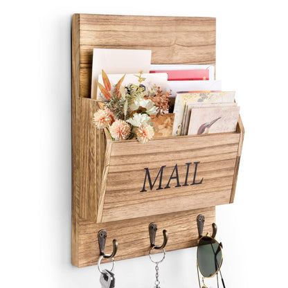 DLQuarts Mail Organizer with Key Holder for Wall Decorative Mail Sorter Wall Mounted, Wooden Mail Holder with 3 Hooks, Carbonized Brown