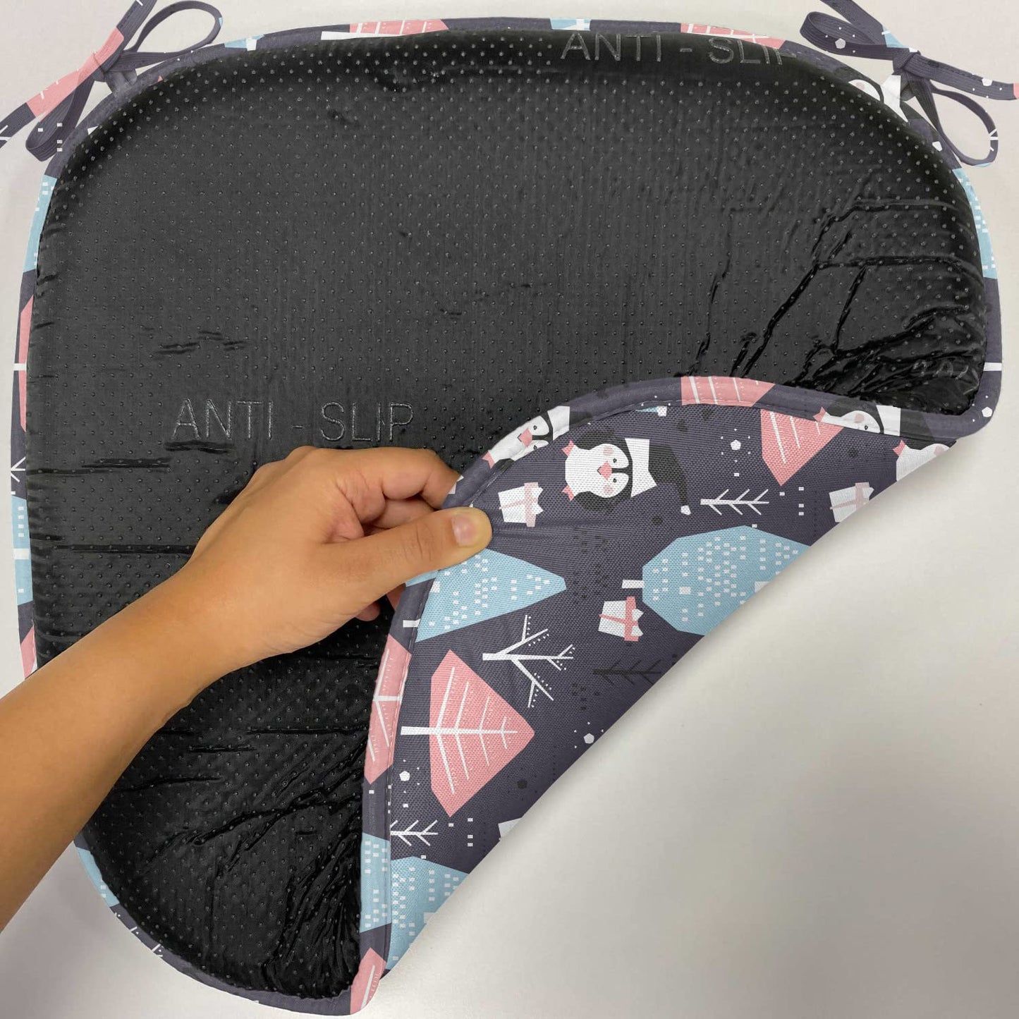 Lunarable Christmas Chair Seating Cushion, Winter Trees and Penguins with Gift Boxes Noel Happy New Year Theme, Anti-Slip Seat Padding for Kitchen & Patio, 16"x16", Pale Blue Pastel Pink