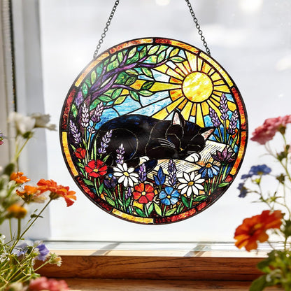 Riletese Stained Glass Window Hanging – Cat & Book Lover Gifts for Women Men, Sleeping Cat Suncatcher, Glass Ornament for Reading Room Home Garden Decor, Christmas Mother's Day Birthday Gifts, 8 Inch