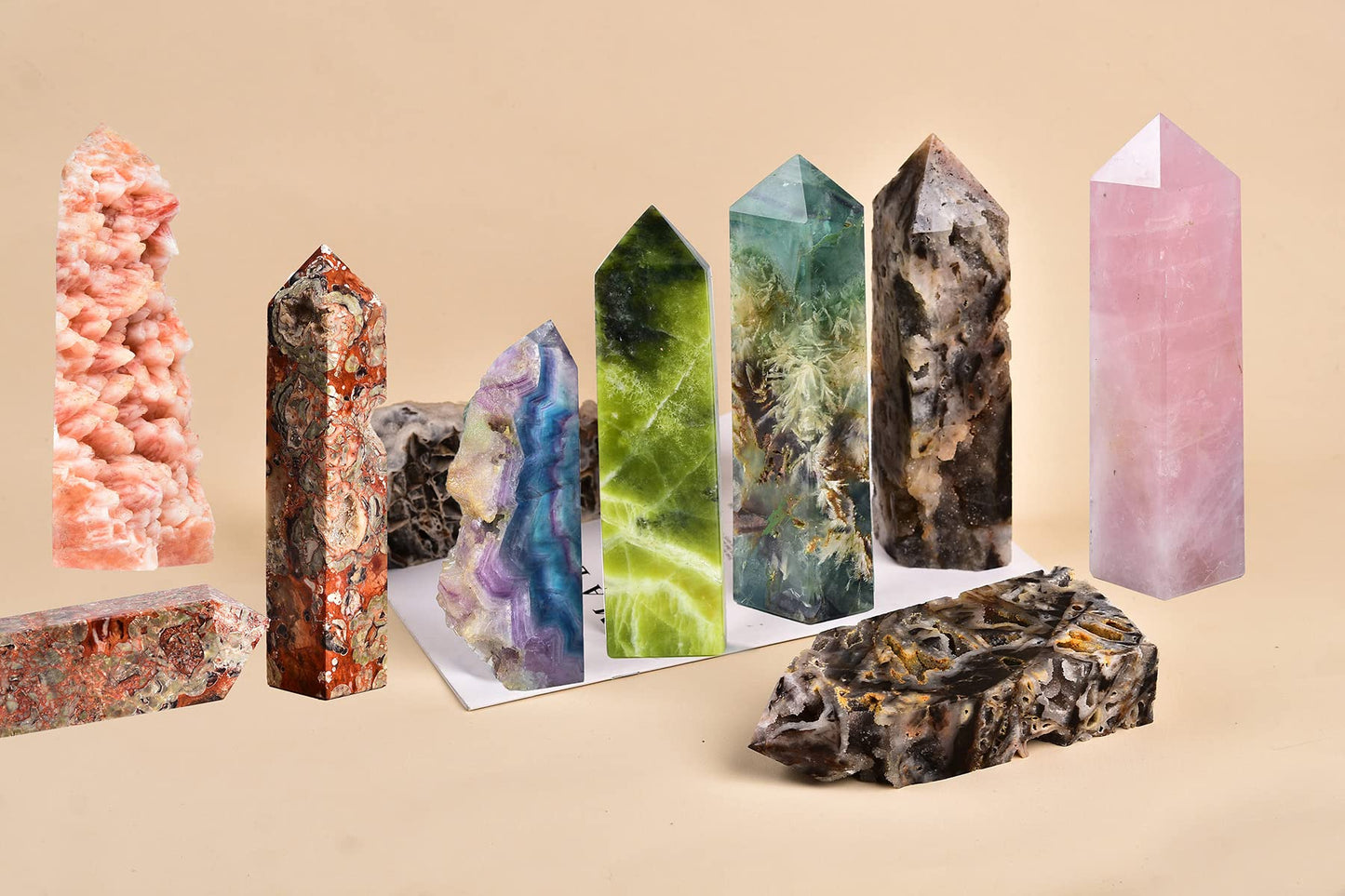 AMOYSTONE Decorative Quartz Obelisk Slab Pointed Natural Fluorite Slab Block Heavy 2-2.8 LBS, Crystal Lover Collection, Gifts, Home Décor