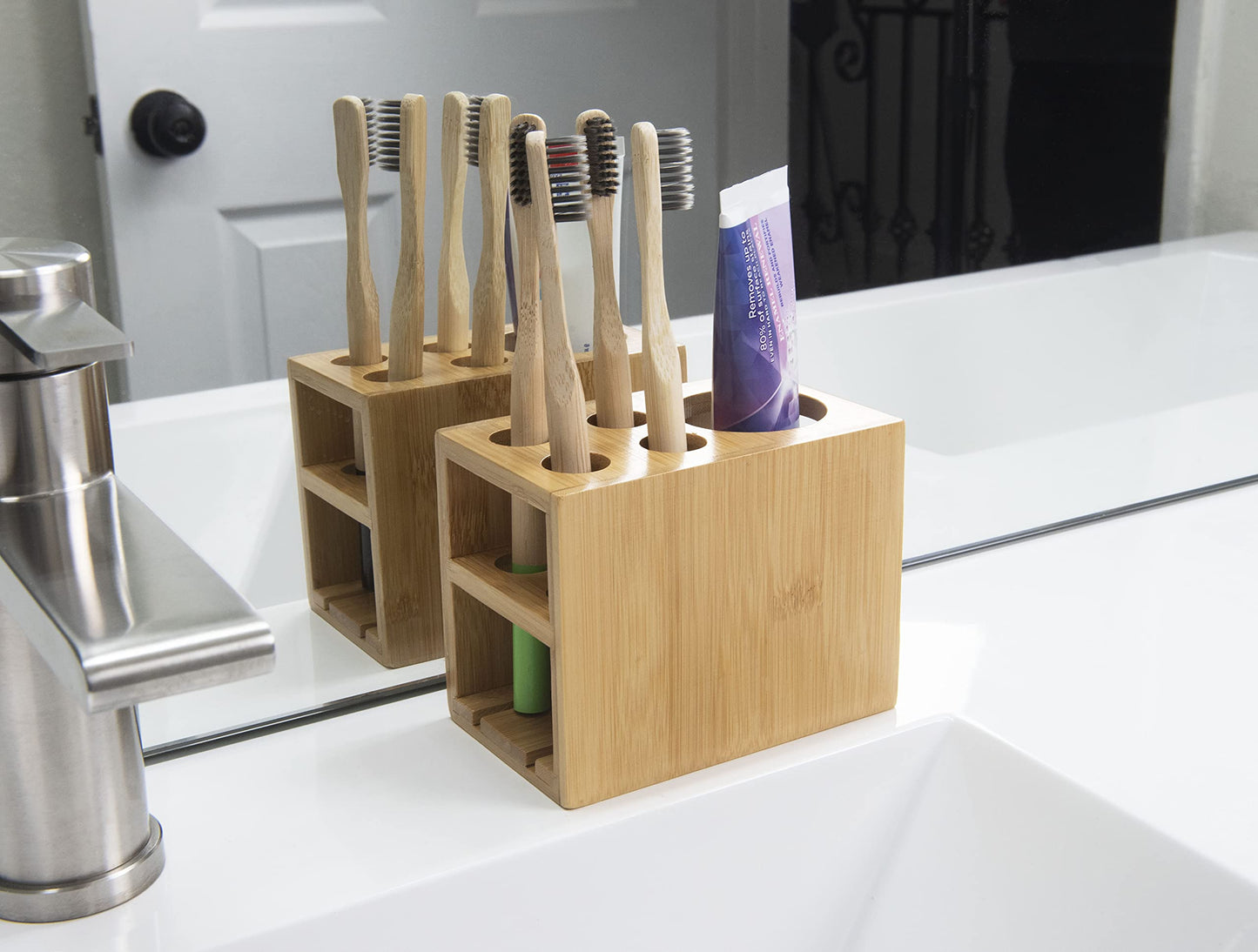 Bamboo Naturals Toothbrush Holder, Stores 4 Toothbrushes and 1 Toothpaste, Made of 100% Sustainable Bamboo, Stylish Bathroom Organizer Accessory, Easy to Clean and Odor Resistant