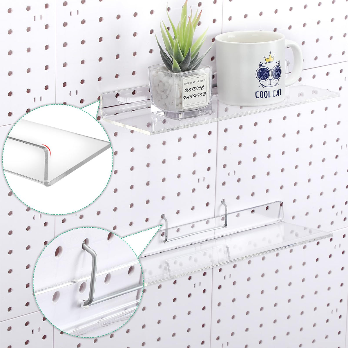 Lounsweer 4 Set Pegboard Shelf Clear Acrylic with Metal Hooks Organizer Accessories Storage for Pegboard Display Wall Craft Room Home Garage Nursery Kitchen Workbench(L Shape,12 x 4 Inch)