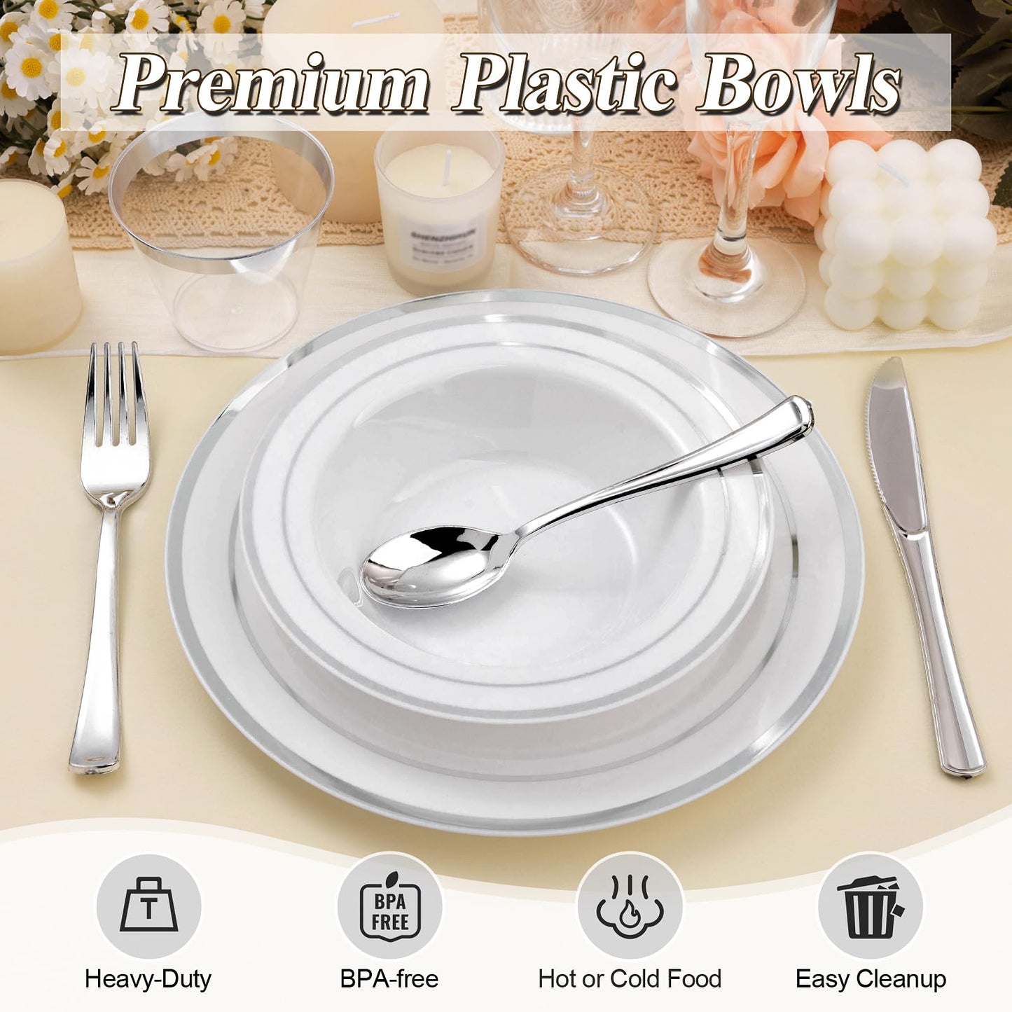 BESTSTAR 200 Pack Disposable Soup Bowls with Silver Rim, 12oz Premium Heavy Duty Plastic Dinner Bowls for Party, Wedding and Holiday
