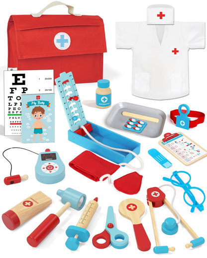 Lehoo Castle Doctors Set for Kids, Toys for 3 Year Old Boys, Wooden Kids Doctors Kit with Doctor Costume, 3 Year Old Boy Toys（Blue）