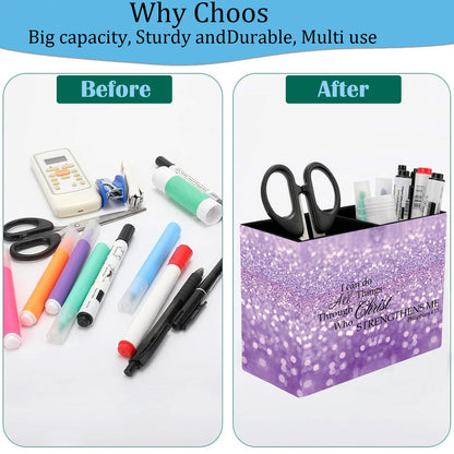 Pen Holder and Anti-Slip Mouse Pad Combination, Makeup Brush Storage Box, Tableware Storage Box, Suitable for Office and Home - Purple Glitter Quote Philippians 4-13