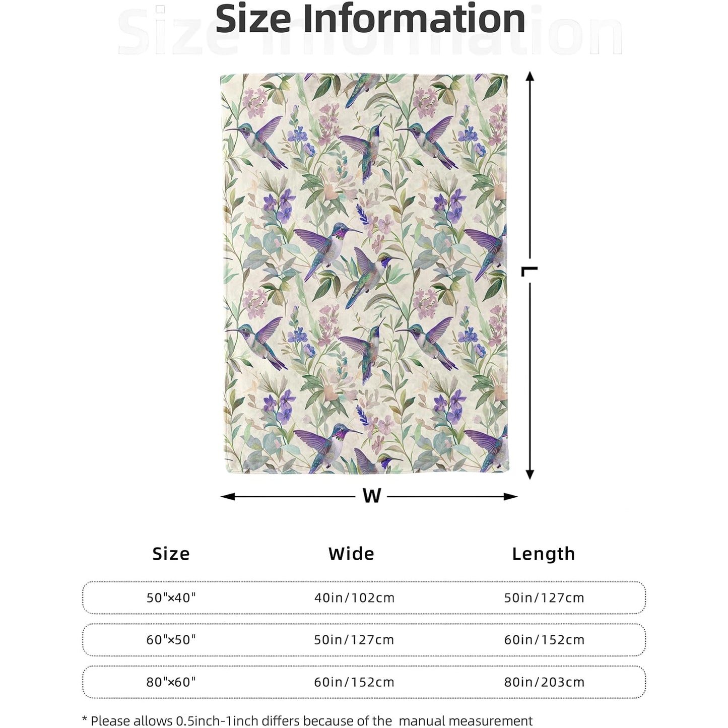 Floral Hummingbird Blanket 40x50 in, Flannel Throw Blankets for Travel Camping Sofa Living Room Decor, Lightweight Cozy Soft Fuzzy Gifts for Women Adults Kids