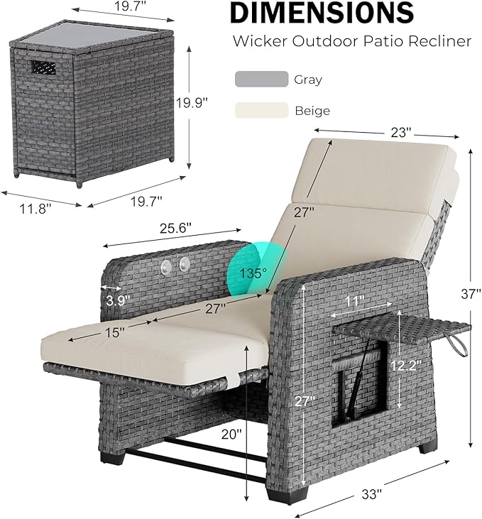 Restland Outdoor Recliner with Independent Adjustable Back & Footrest Wicker Patio Reclining Chair with Flip Table Comfortable Lounge Chair & Thick Cushion for Deck, Porch (3 Piece, Beige)