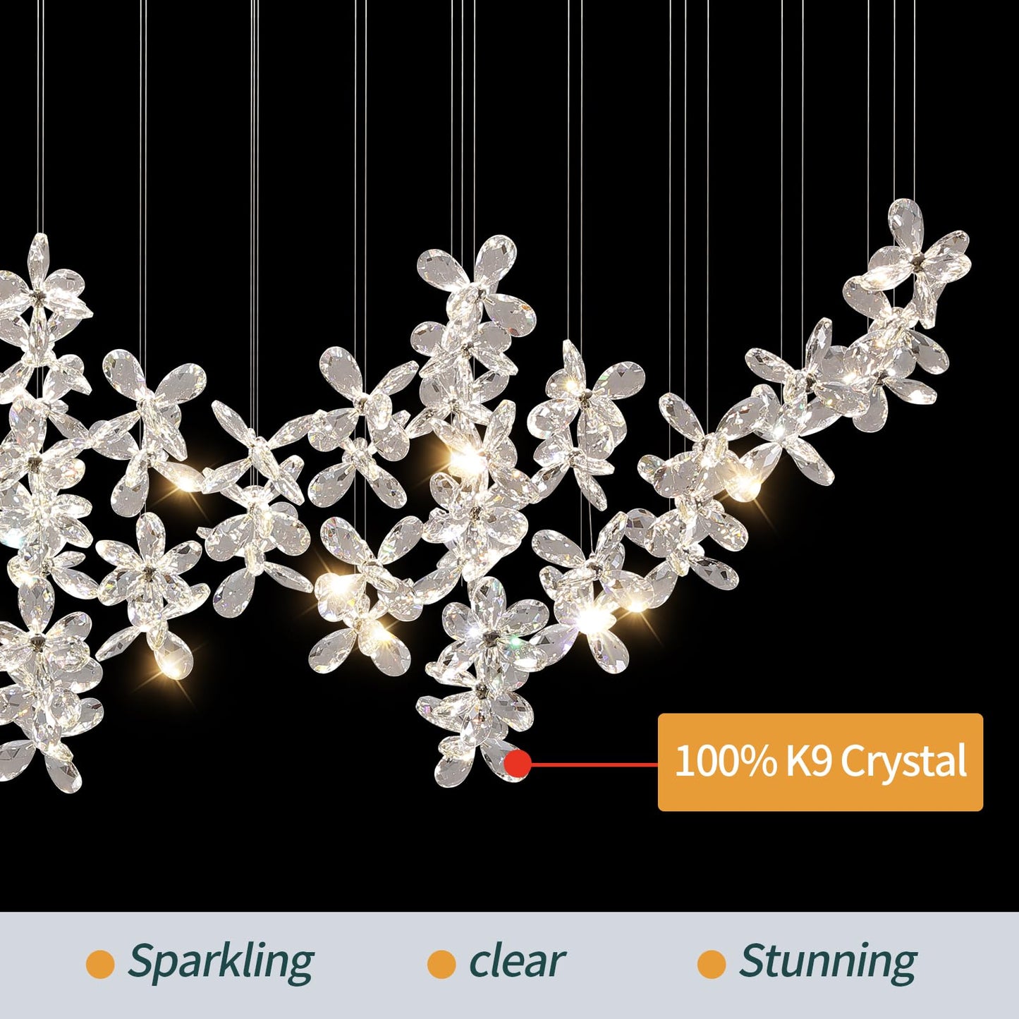 HAILUNBAO Rectangle Modern Dining Room Chandelier Kitchen Island K9 Crystal Raindrop Chandelier Sliver Linear Flower Chandelier for Dining Room Rain Drop Bling Lamps Kitchen Chandeliers Over Island