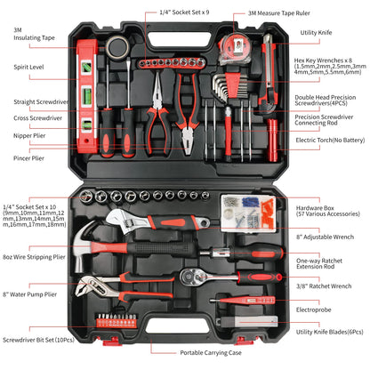 Yougfin 120 Piece Basic Tool Set General Household Hand Kit with Plastic Toolbox Storage Case Red & Black for Men &Women