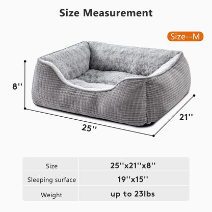 JOEJOY Medium Dog Bed Washable Pet Bed, Orthopedic Calming Dog with Raised Edges Rectangle Bed Non-Slip Bottom Puppy Bed, Soft Rose Velvet Pet Bed For Medium Dogs, Grey, 63x53x21 cm