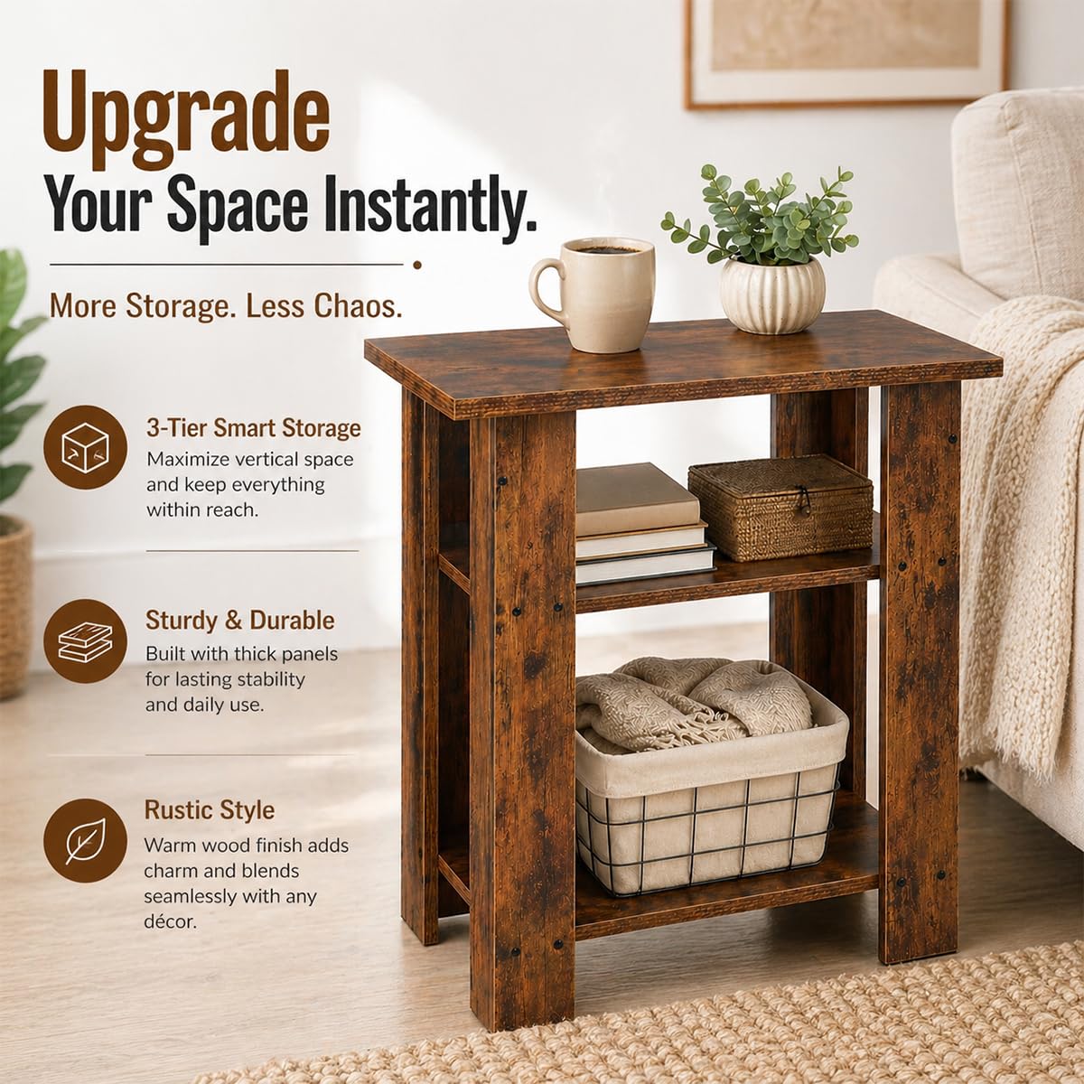 ZEXVIDA Narrow Side Table, 3 Tier Rustic End Table for Living Room, Small Wood Nightstand with Storage Shelves, Slim Bedside Table for Bedroom, Couch, Small Spaces, 22.8" High,Farmhouse Style