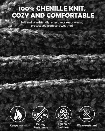 Women Beanie Scarf Gloves Headband Set for Winter, Chenille Beanie Hats Ear Warmer with Fleece Lined Knit Scarf Touchscreen Gloves, 4 In 1 Warm Xmas Gift Set Stocking Stuffers for Women-Gray