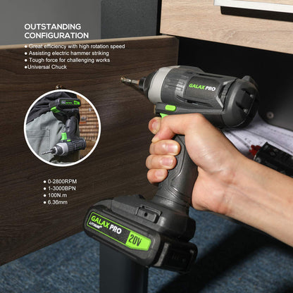GALAX PRO D6001 20V 2-speeds Drill Driver and Impact Driver Combo Kit, Cordless Drill Driver/Impact Driver, 1pcs 1.3Ah Lithium-Ion Batterie, Charger Kit, 11pcs Accessories and Tool Bag