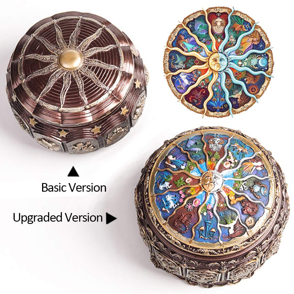 Vintage Music Box with Constellations Rotating Goddess LED Lights Twinkling Resin Carved Mechanism Musical Box with Sankyo 18-Note Wind Up Signs of The Zodiac Gift for Birthday (A1 Upgraded)