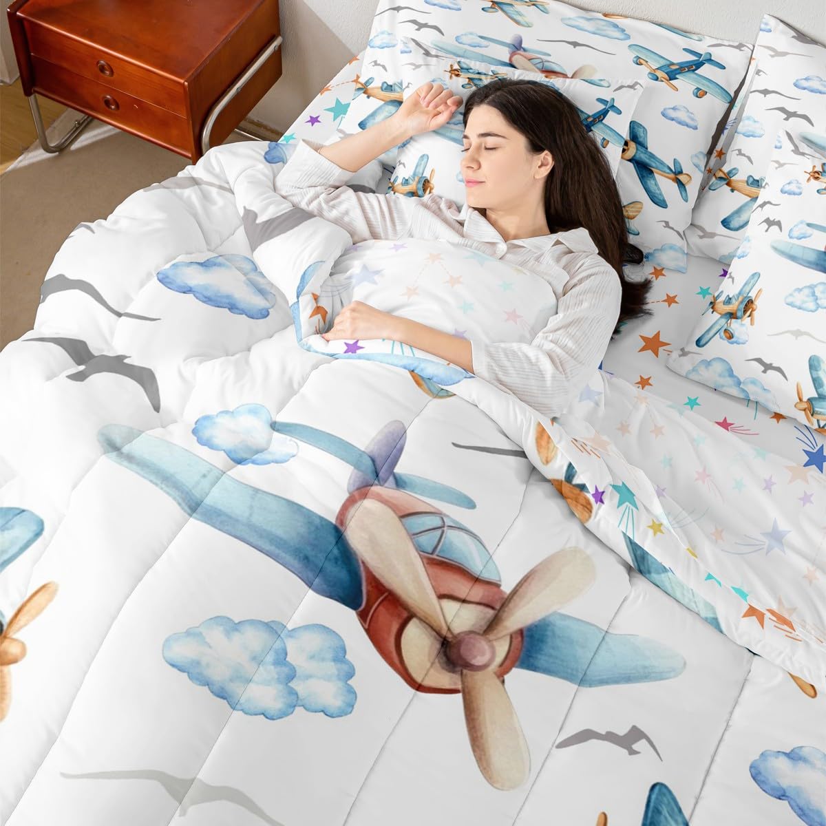 Erosebridal Boys Cartoon Propeller Plane Twin 7 Pcs Bedding Set, Aircraft Airplane Comforter Set with Sheets, Blue Clouds Bed in A Bag for Kids Girls Adults Bedroom, Flying Birds Animals Bed Sets