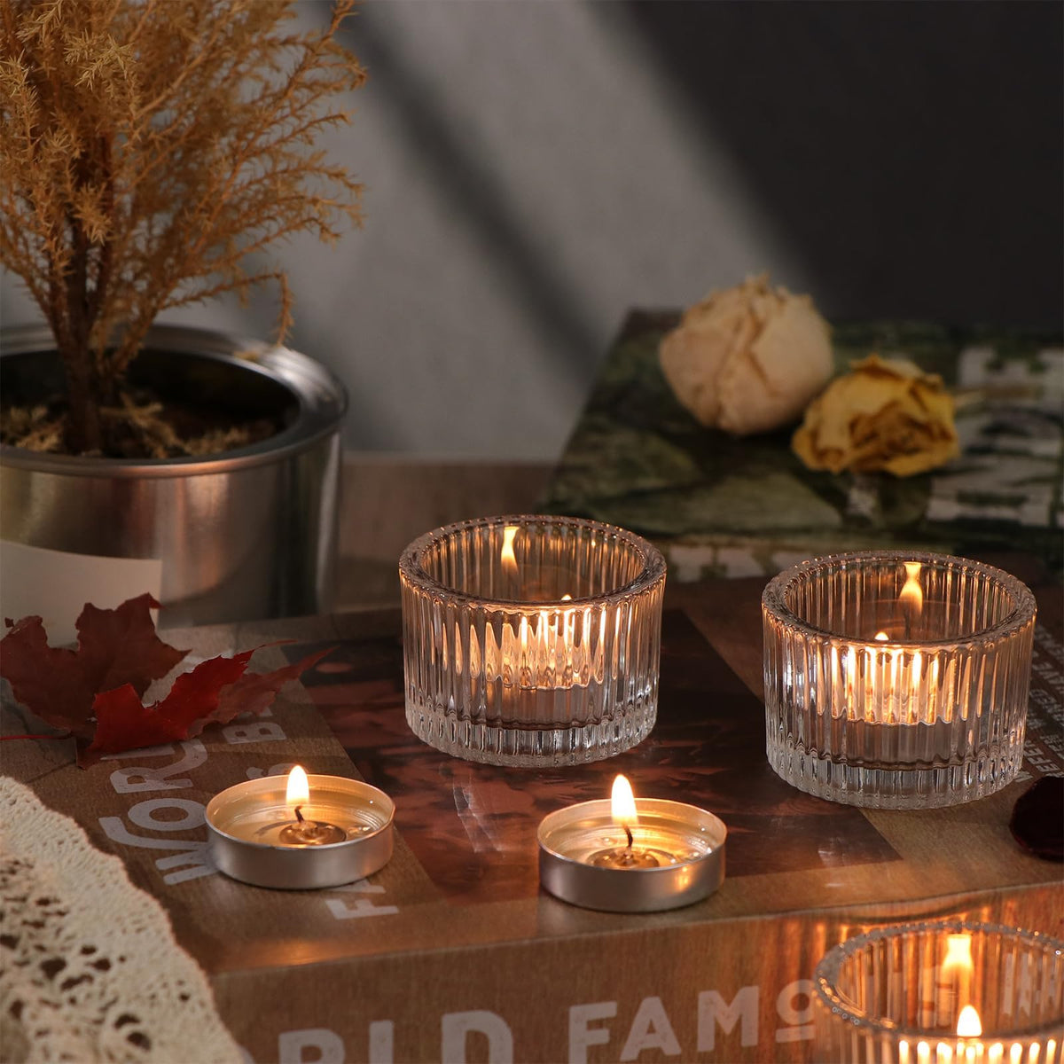 HAVITI 24 Pack Clear Tealight Candle Holders, Glass Votive Candle Holders for Fall Wedding Table Centerpiece, Home Decor and Party Supplies