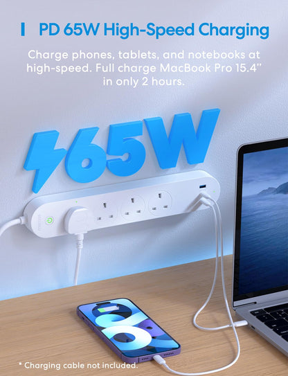 Meross Smart Power Strip, 65W GaN Fast Charger, 4 Outlet + 2 USB C + 1 USB A, WiFi Plug with 2 PD Ports, Support Apple HomeKit, Alexa, Google Home and SmartThings, Voice/Remote Control, 2.4GHz Only