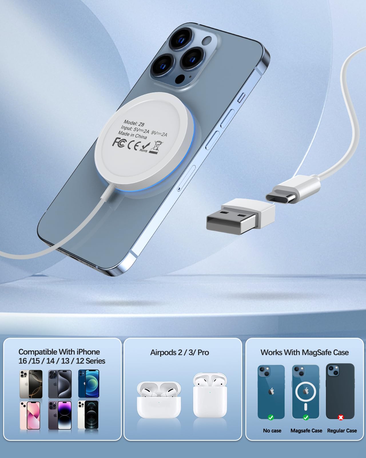 Magnetic Wireless Charger Fast Apple Mag-Safe Charger for iPhone 16 Pro Max/16 Pro/16 Plus/16/15 Pro Max/15/14/13/12 Series AirPods3/2 LED Magnet Charging Pad Mag Safe Charger with Dual Charging Ports