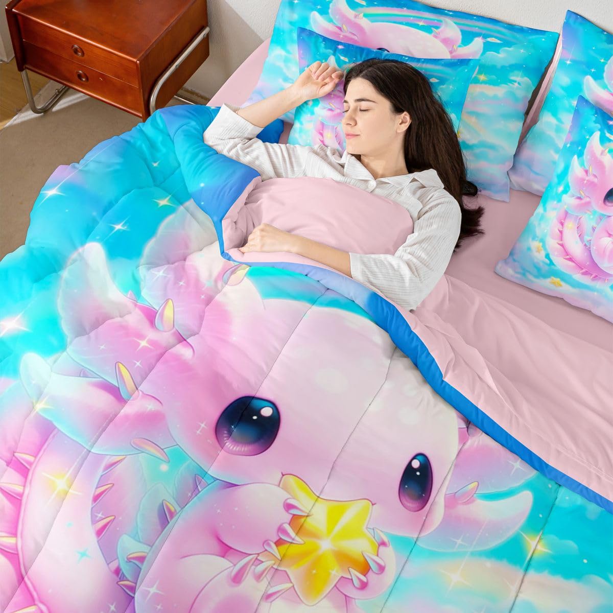 Erosebridal Dreamy Axolotl Queen Bedding Set for Kids Girls Teens Cute Axolotl Comforter Set with Flat and Fitted Sheet Cartoon Stars Blue Sky 7-Piece Bed in a Bag Rainbow Colorful Cloud Quilt Sets