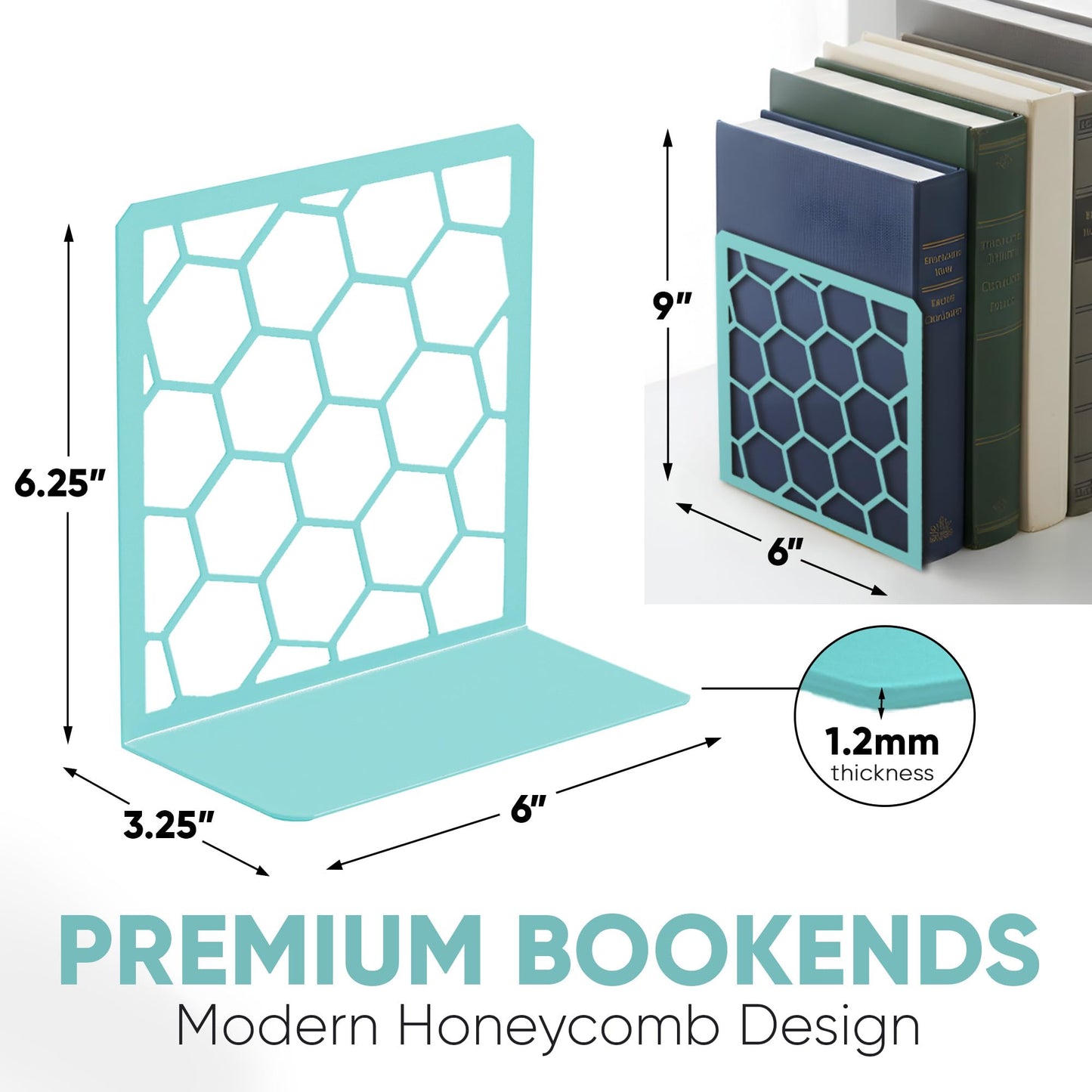 Turquoise Geometric Honeycomb Metal Bookends - Book Ends for Shelves - Decorative Modern Heavy Duty Bookend Stopper - Book Ends for Heavy Books - Home Office Book Holder - 1 Pair, 6x3.25x6.25 in