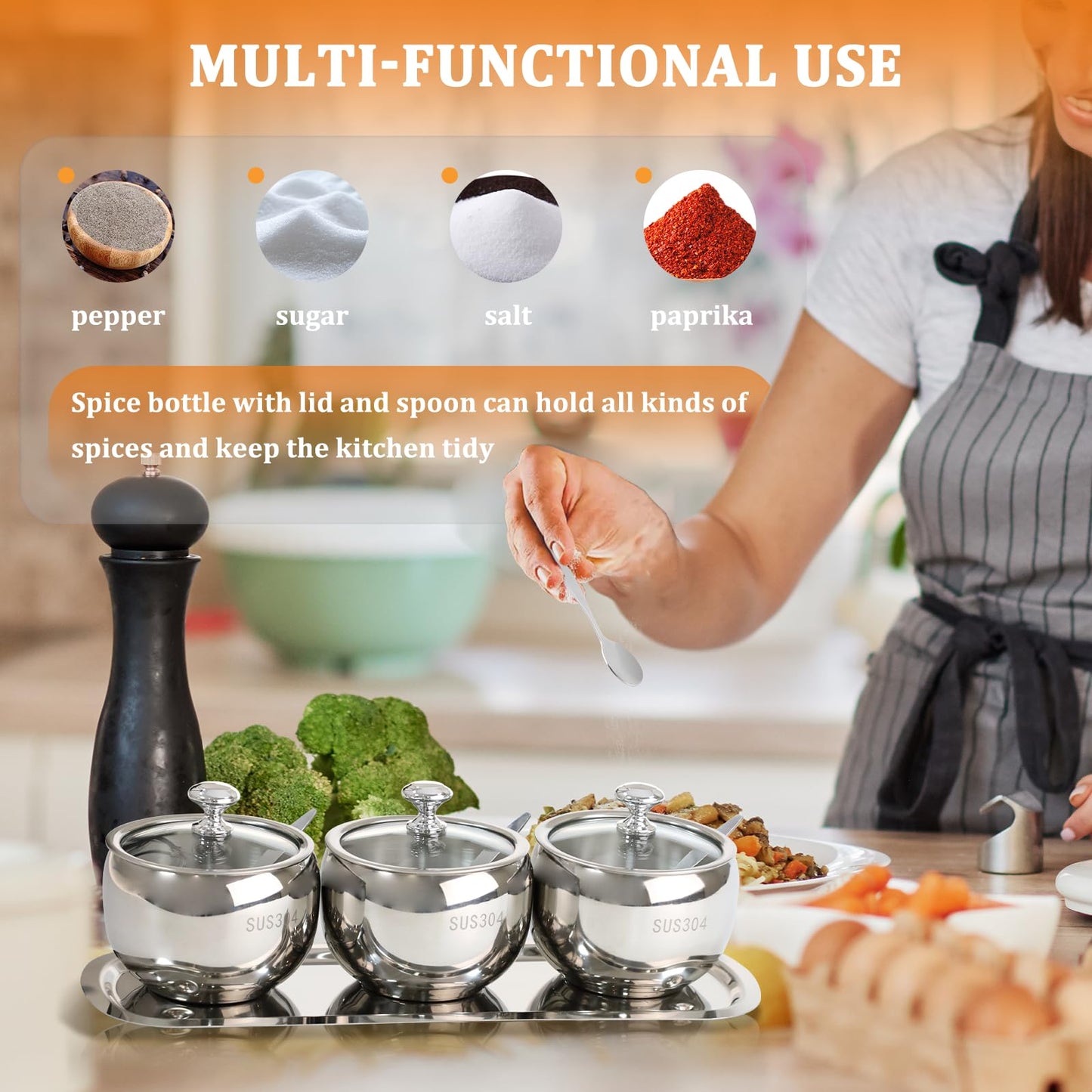 3 Grids 10 Oz Stainless Steel Sugar Bowl with Spoon Tray Lid, Silver Salt Spice Containers Dispenser Set, Sugar Jar Holder Dish for Coffee Bar Storage Seasoning Kitchen Countertop (Silver)
