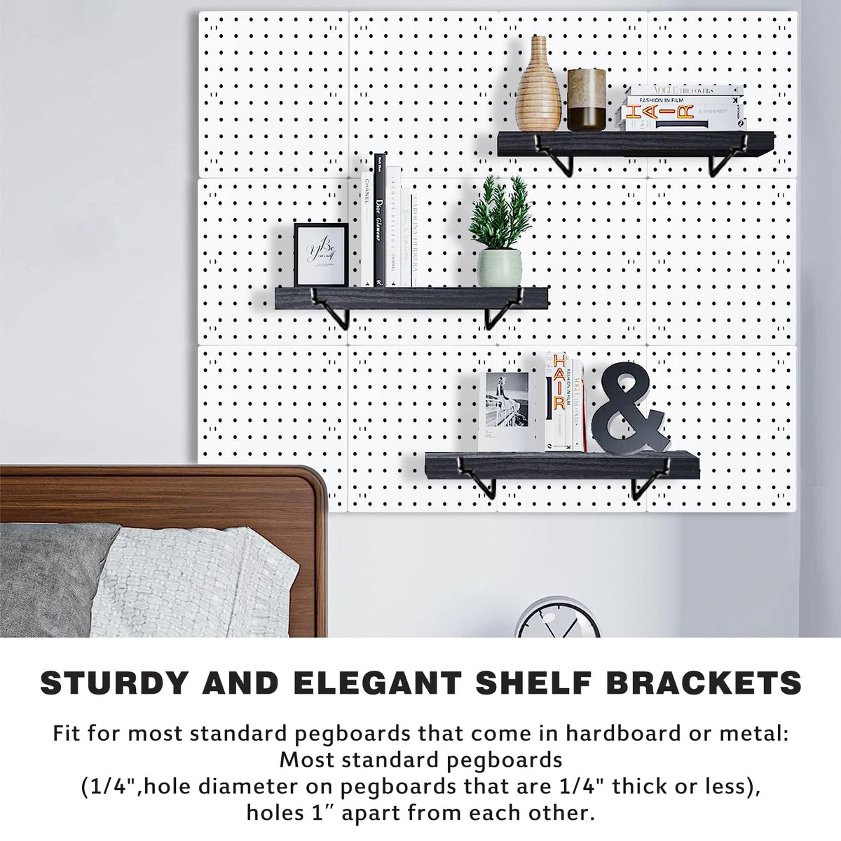 Black Pegboard Shelf, 8 Pack Wooden Pegboard Shelves with Metal Brackets Hooks, Heavy Duty Peg Board Organizer Shelves, Pegboard Accessories Organizer for Crafts Room, Garage, Workbench, Office