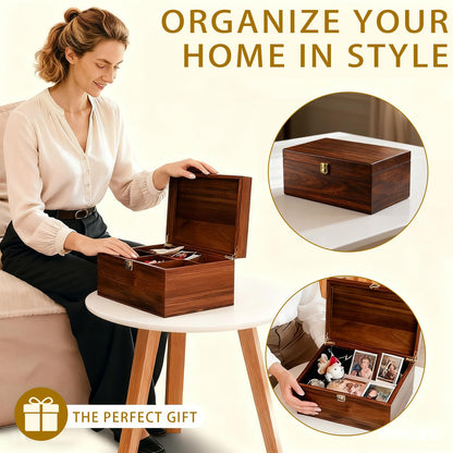 NLGQ Large Wooden Storage Box with Adjustable Tray, 12.5 IN Acacia Wood Keepsake Box with Lid for Storage Trinkets, Jewelry, Card, Photo, Wooden Decortive Case for Home 12.5x9.4x6.1 IN -WB006-X Large