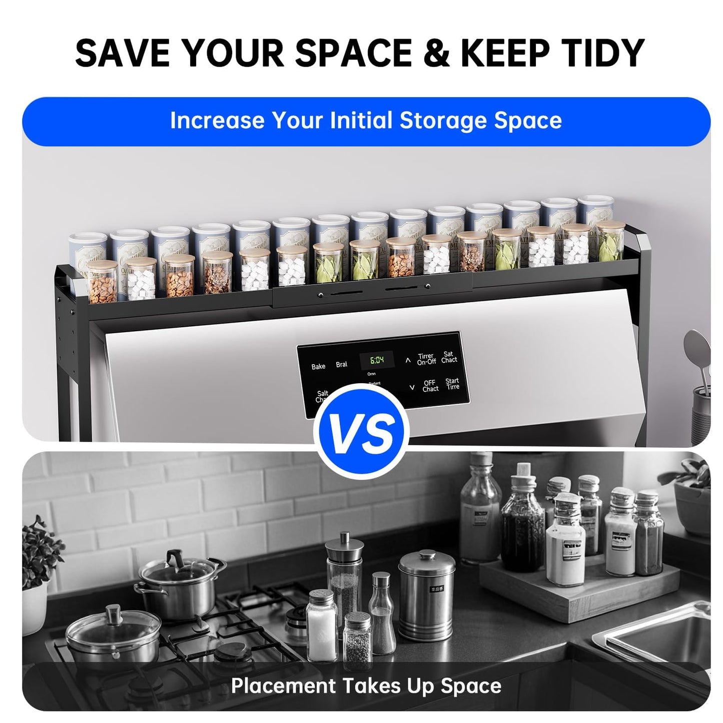 Kitchen Spice Rack Over The Stove, Shelf for Back of Stove, Stove Top Shelf for Seasoning Organizer, Over Oven Shelf, Countertop, Expandable Length 27.3''-32.6'', 4 Adjustable Height (Black, Normal)