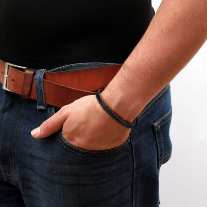 Mens Leather Bracelet – Classic Handmade Braided Black & Brown Cuff Bracelet with Engraved Magnetic Clasp Free Jewelry Gift Boxed