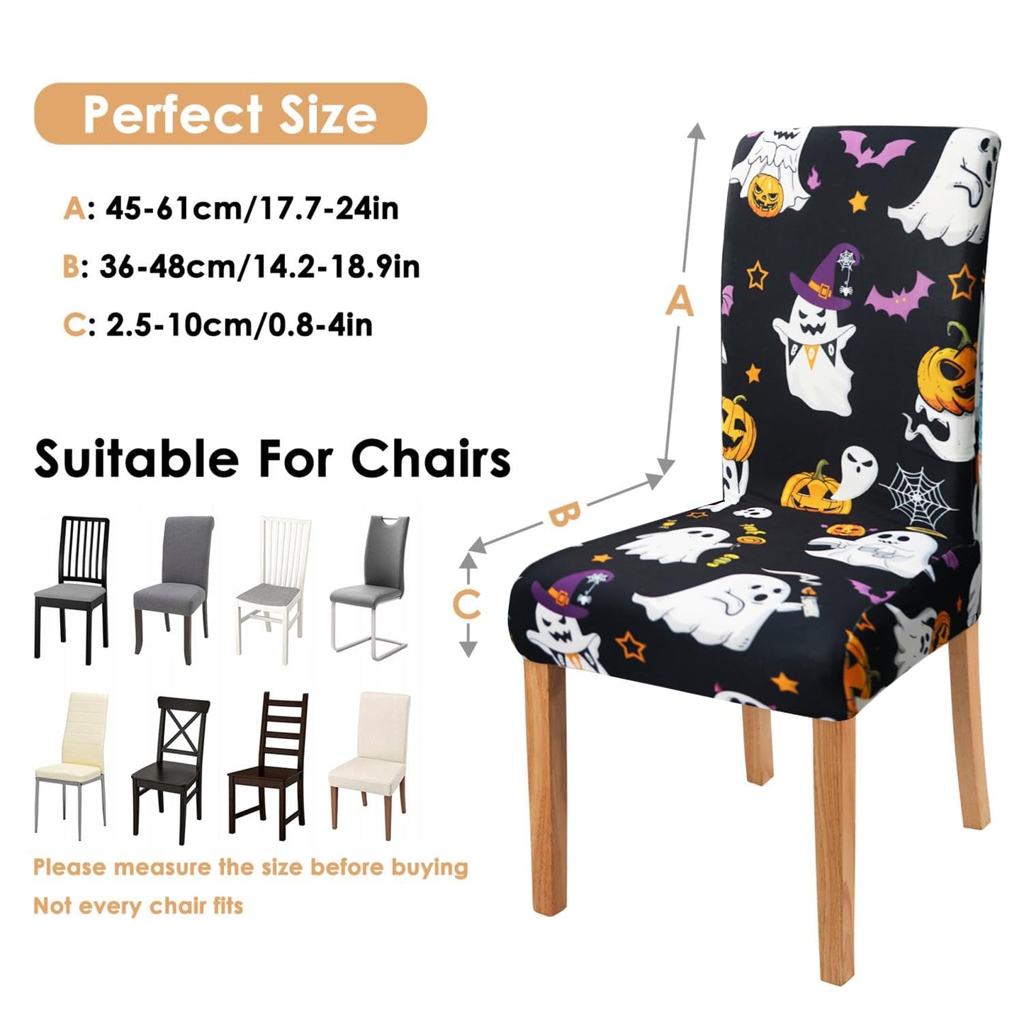 qwpmvhsak Halloween Chair Covers Set of 6, Cute Pumpkin Ghost Dining Chair Protectors, Black Elastic Removable Washable Dining Chair Covers, Suitable for Halloween Kitchen Restaurant Holiday Decor