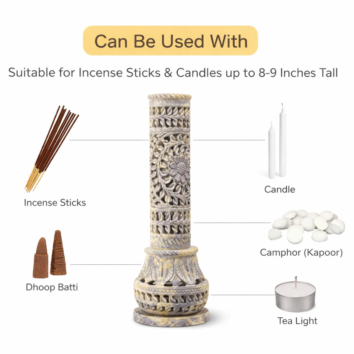 Carry Me Marble Soapstone Incense Stick Holder | Candle Burner | Tea Light Stand - Perfect Handmade Bottle Tower. Decorative Floral Carving for Gifting - Home and Office Decor - (3x3x10.5 Inches)
