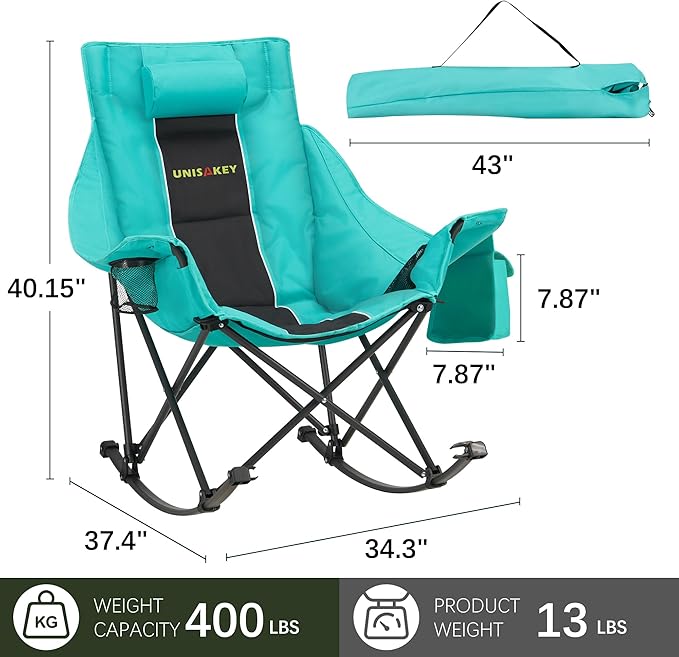 Oversized Rocking Camping Chair with Headrest & Cup Holder - 400lbs Capacity, 600D Oxford Fabric, Easy Fold Portable Outdoor Rocker Chair for Camping, Backyard, Beach, Blackgreen