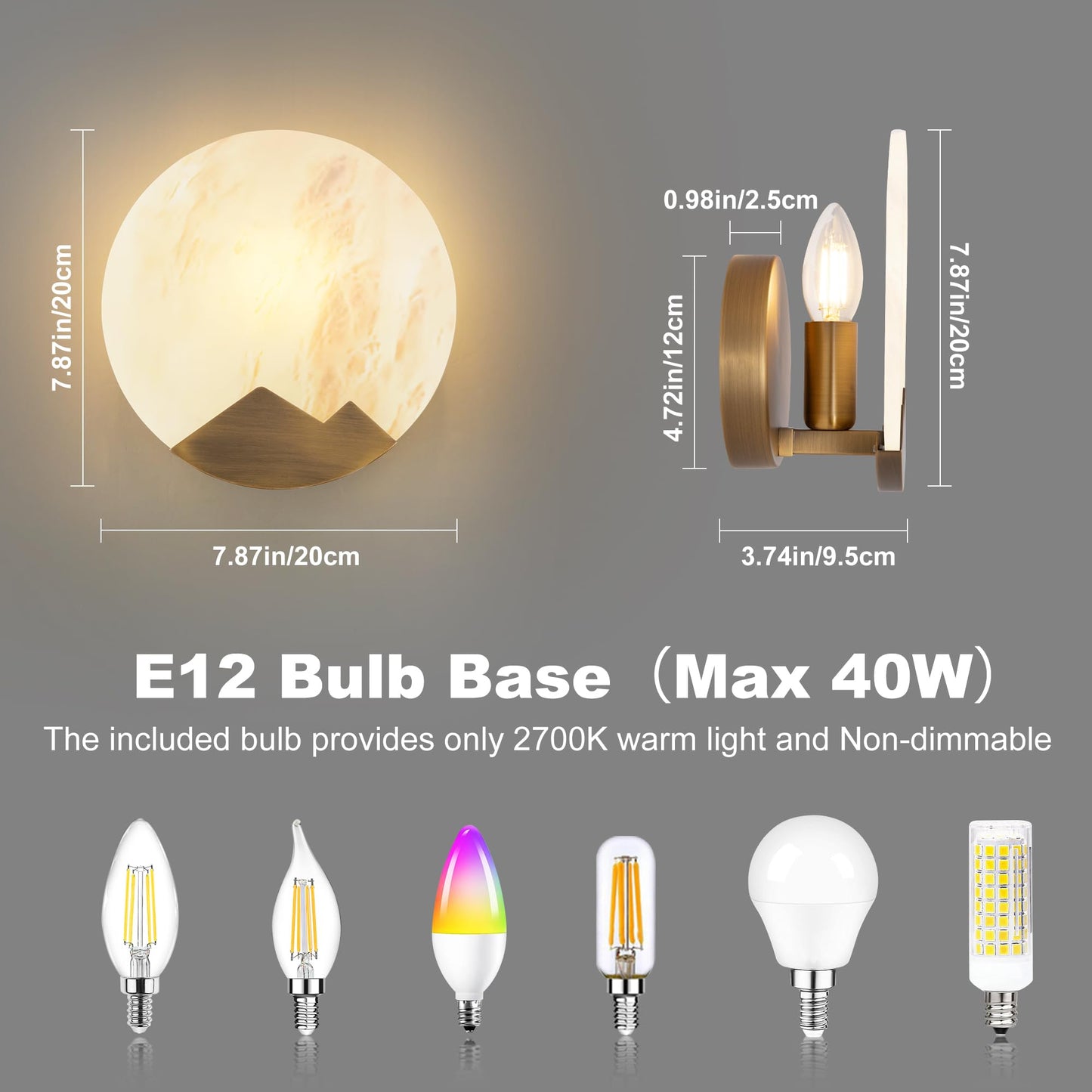 hkintty Marble Wall Sconce, Natural Marble & Gold Round Wall Sconce Hardwired, Dimmable Indoor Wall Light Fixture, Modern Wall Mounted Sconce for Bedroom Living Room Hallway Staircase (7.87", 1-Pack)