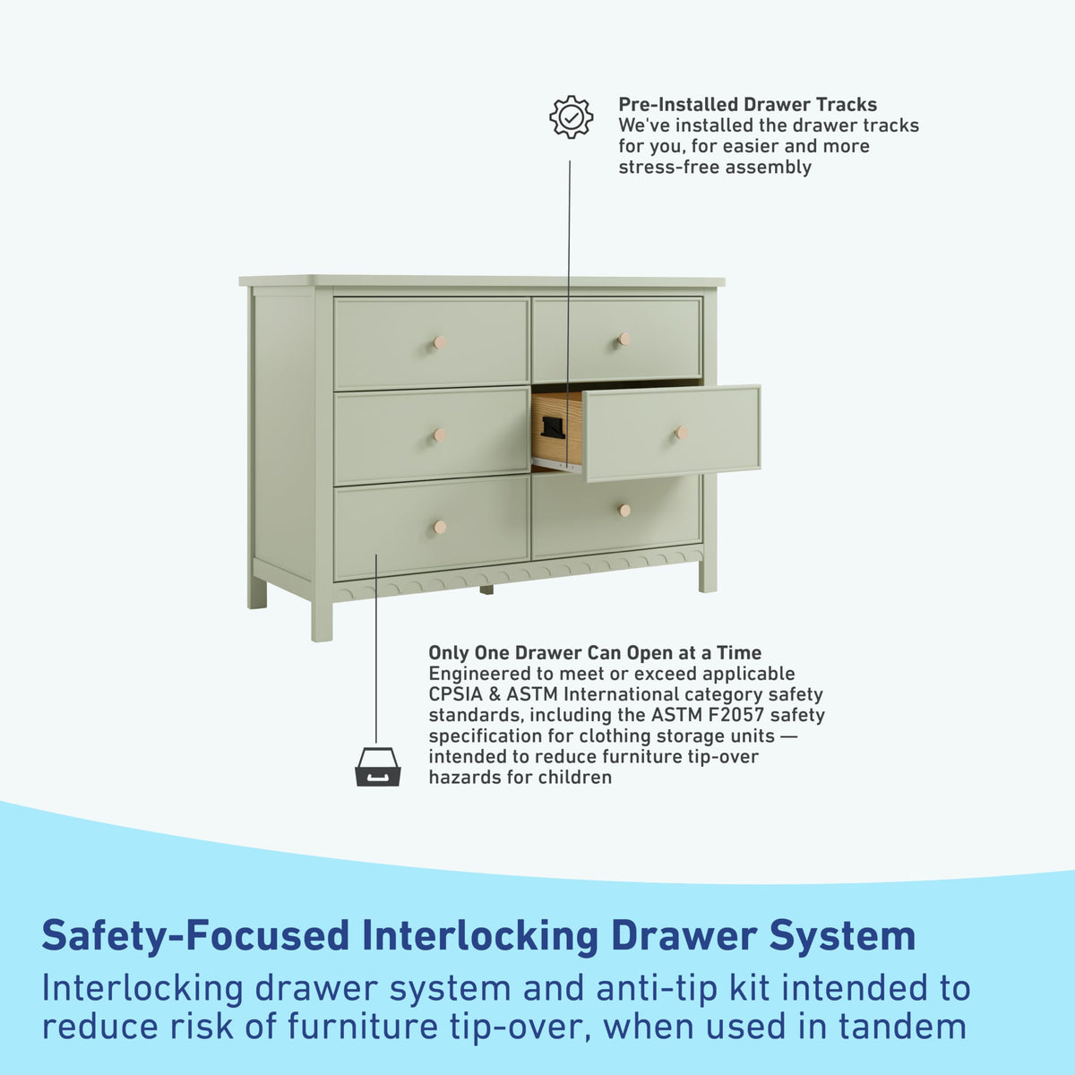 Graco Sasha 6 Drawer Dresser (Sage) – GREENGUARD Gold Certified, Wood Storage for Nursery or Kids’ Room, Safe Interlocking Drawer System & Easy Assembly with Pre-Installed Tracks