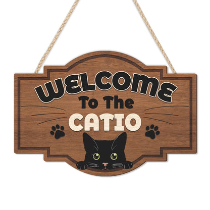 HLNIUC Welcome To The Catio Wood Sign(11”x8”) Funny Black Cats Wall Decor,Cute Black Cat Door Signs,Cats Home Porch Hanging Plaque,Animal Welcome People Tolerated Sign for cat Lover Front Door