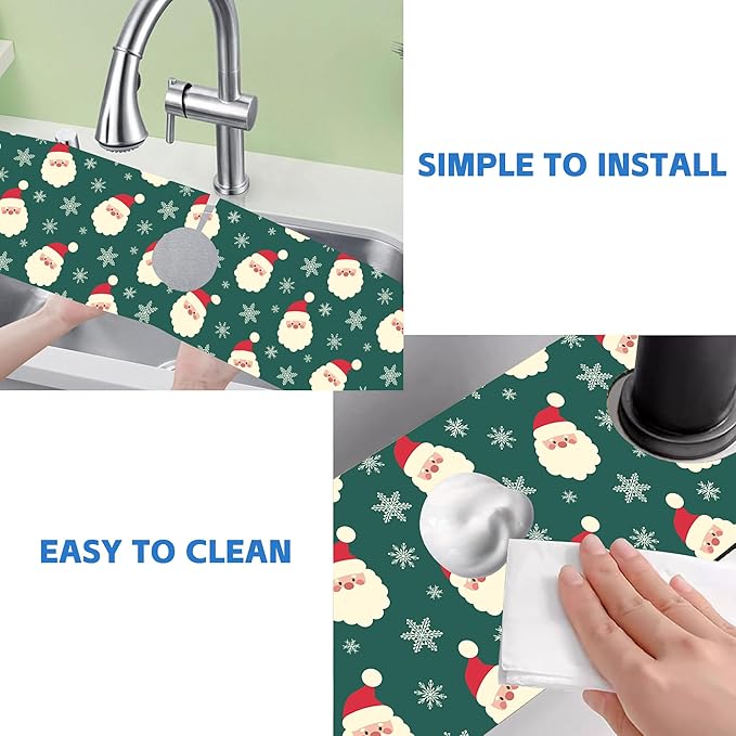 Christmas Kitchen Sink Splash Guard Mat Santa Claus and Snowflakes Sink Splash