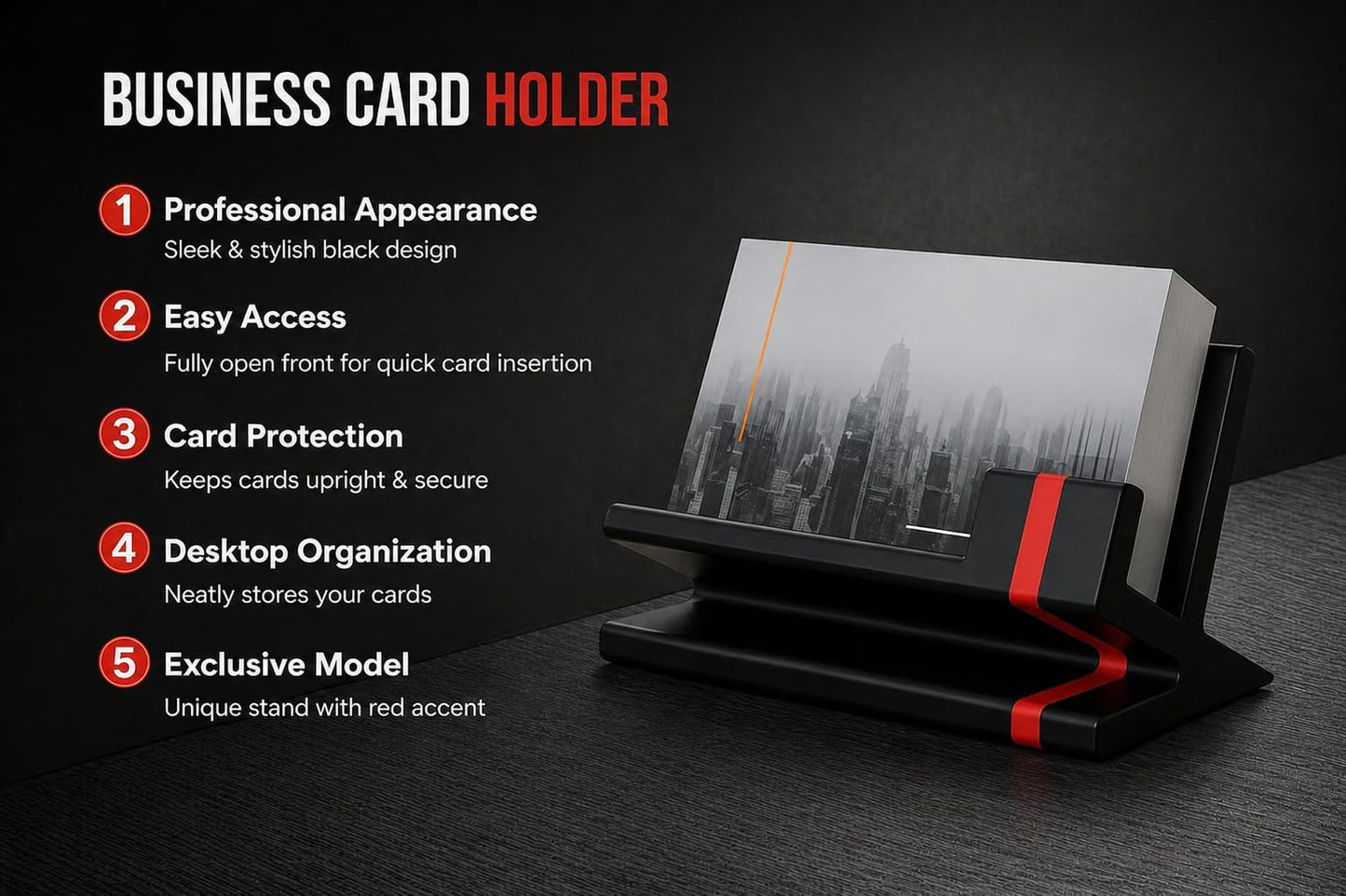 Business Card Holder for Desk – Modern Red & Black Card Display, Stylish Office Desk Accessory for Men & Women