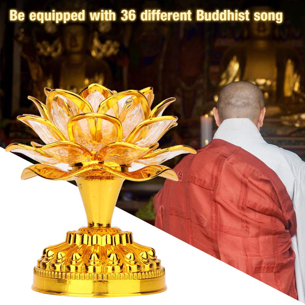Zerodis 110-240V LED Lotus Flower Lamp - 7 Color Crystal Buddha Lamp with Golden Finish, 36 Songs & US Plug