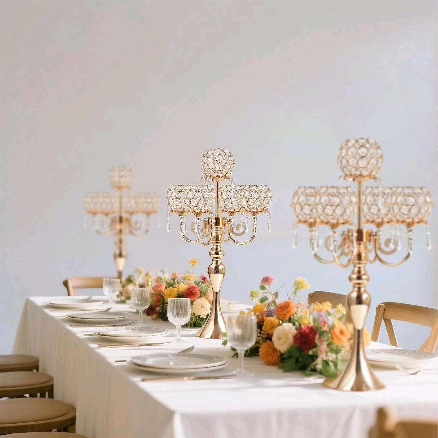 kolnlala 4Pcs 22 Inch Tall 5-Arm Gold Elegant Crystal Candelabra – Fancy Looking Candle Holder, Perfect for Your Table Centerpiece, Wedding & Christmas Dinner Party Events, Home Decor