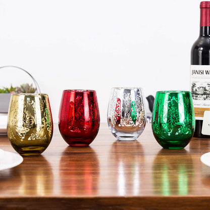MyGift 4 Piece Stemless Glassware Set, Multicolor Wine Glasses with Etched Baroque Pattern in Mirror Plated Gold Silver Red Green Colors, 16 oz Capacity