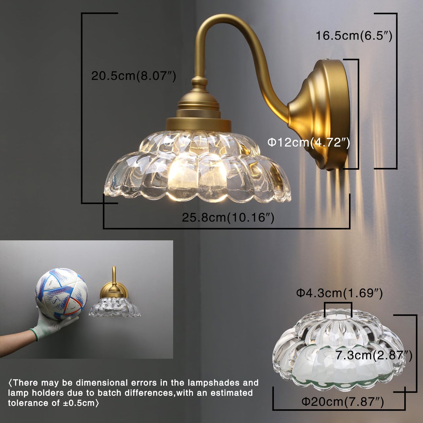 PERMO Vintage Gold Wall Sconce with Clrar Lotus Glass Shade Hardwired Bathroom Vanity Light for Mirror, Bedroom & Hallway
