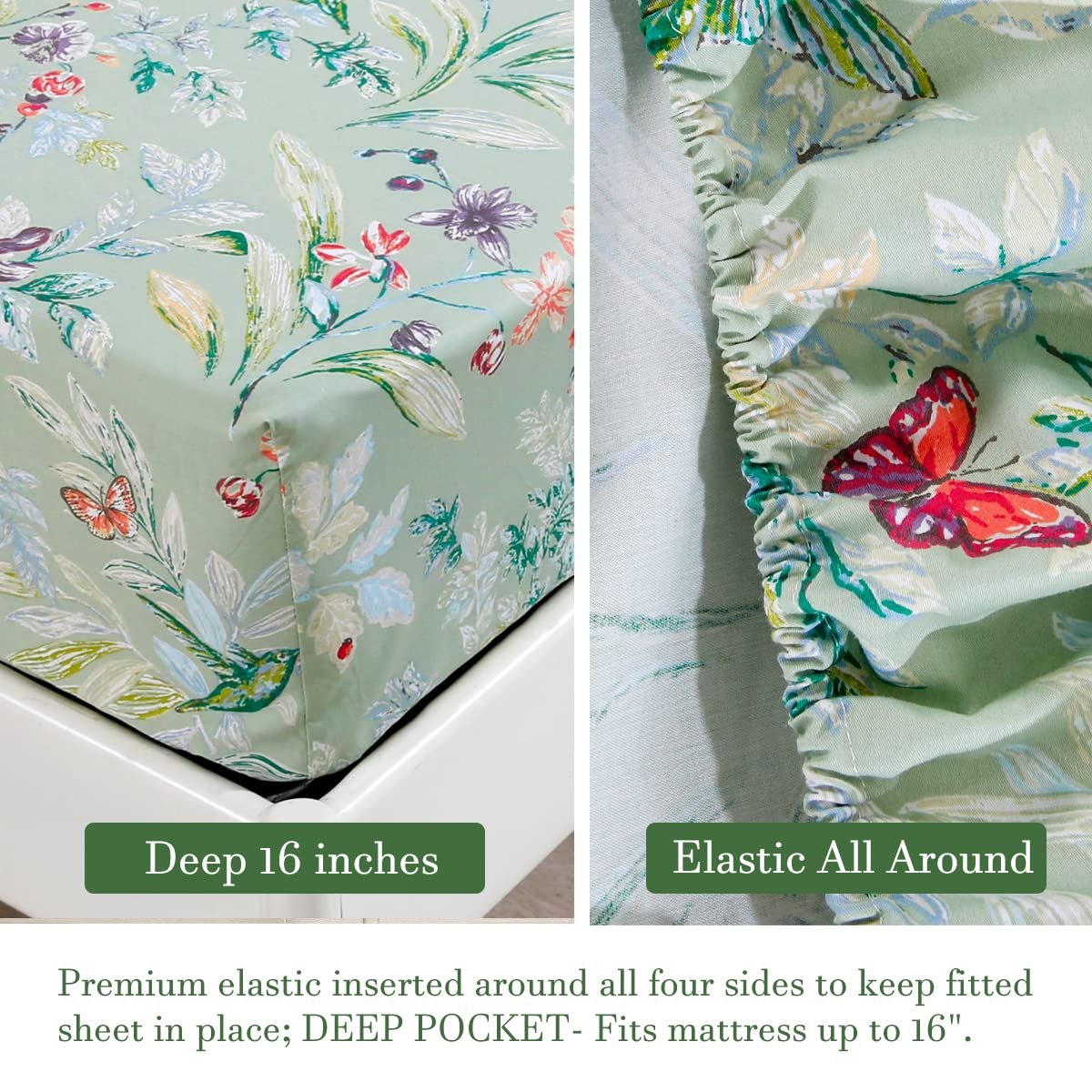 URBONUR Garden Floral Sheets Set Sage Green 4Pcs Queen Size, Egyptian Cotton Silky Cooling Bed Sheets Set, Wrinkle Resistant Deep Pocket 16 Inches (Queen, Green Leaves Butterfly & Floral)