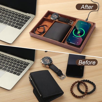 TopMade Valet Tray with Wireless Charging Pad Nightstand Organizer, Leather Desktop Storage Dresser Organizer Charging Station, Jewelry Box Catchall Bedside Vanity Tray for Men Women(Brown)