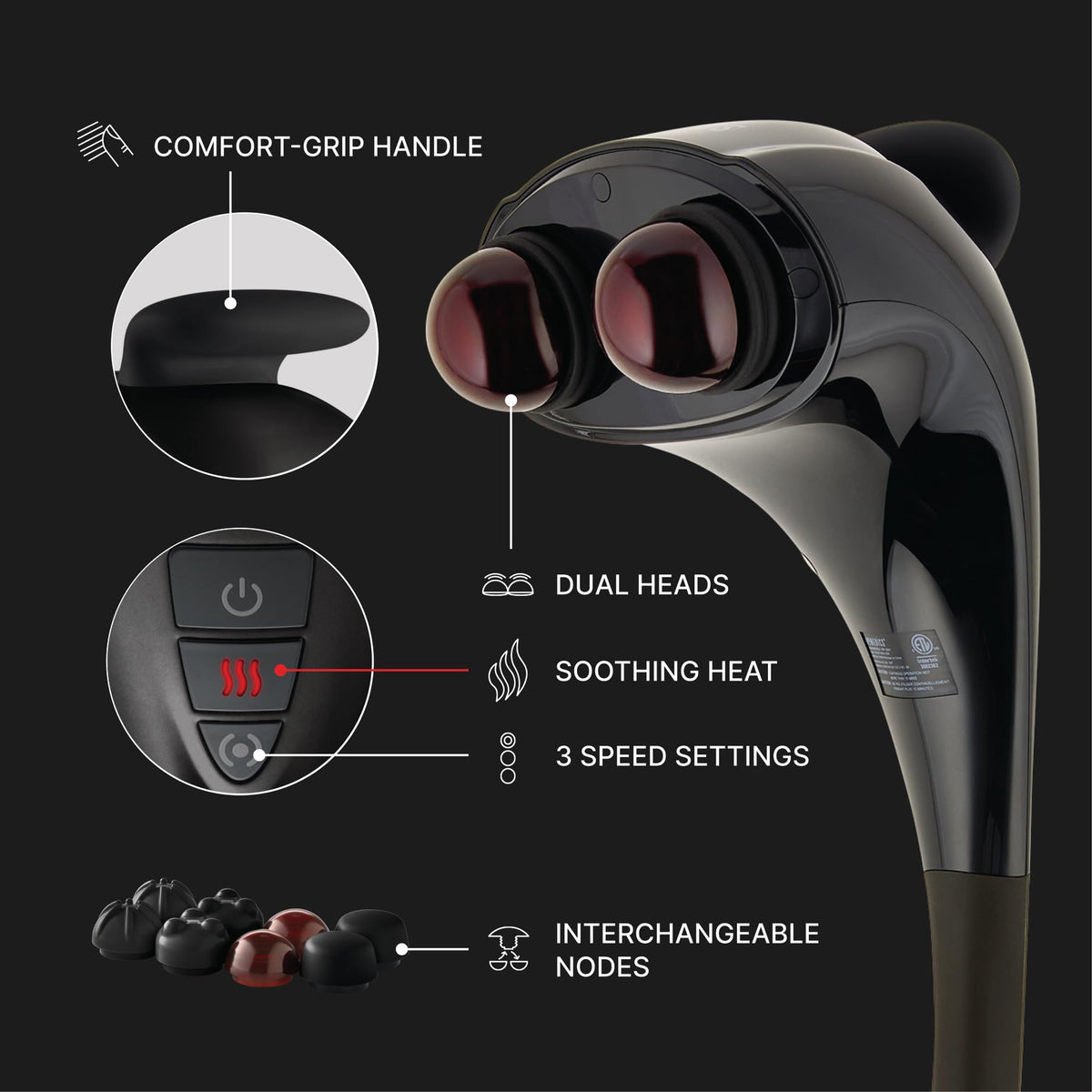 Homedics Handheld Back Massager, Dual Heated Nodes, Neck, and Body Percussion Massager with Interchangeable Nodes to Release Back, Neck, Shoulder Leg and Foot Tension