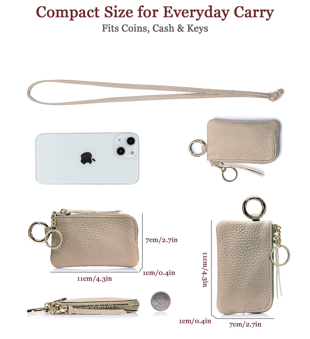 LnxLtw Travel-Friendly Leather Coin Purse for Women – Mini Zipper Wallet with Wrist Strap & Keychain, Compact Change Holder & Small Coin Pouch with Gift Box (Gray)