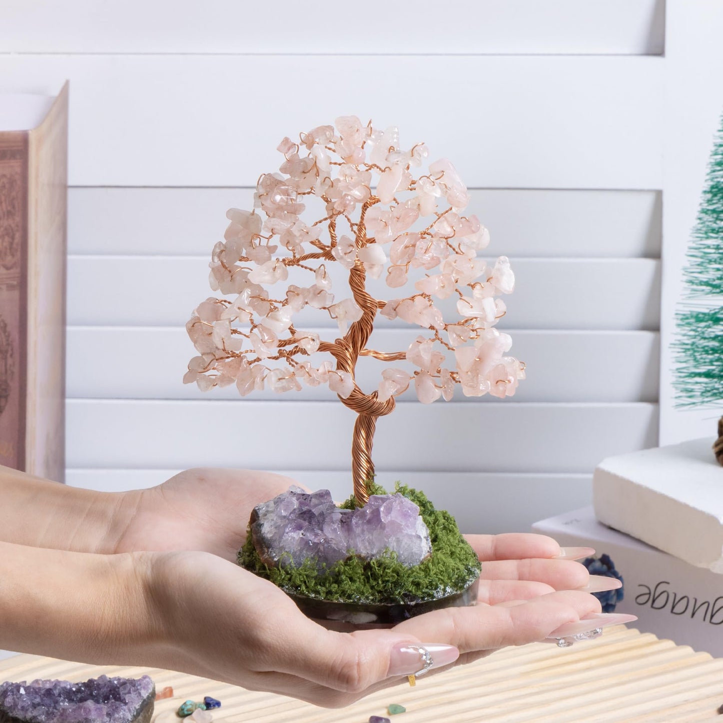 Dreamocean Rose Quartz Crystal Tree of Life Pink Crystal Tree Money Gemstone Bonsai Tree for Positive Energy, Money, Good Luck Feng Shui Spiritual Decor Birthday Gifts for Women （Pink）