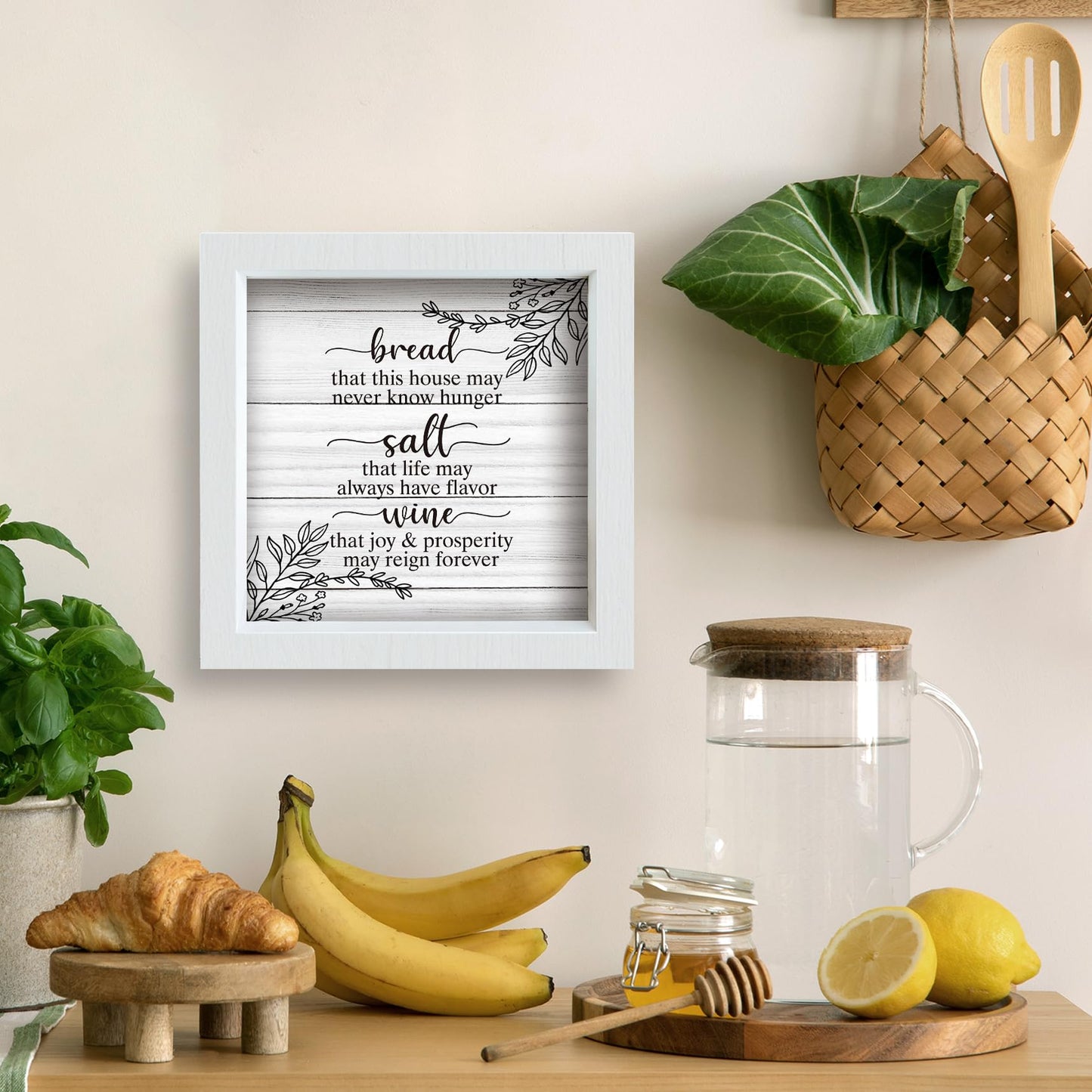 YSFUYZCT Bread Salt Wine Farmhouse Kitchen Signs Decor, Housewarming Gifts New Home, New Home House Gifts, Rustic Farmhouse Wood Frame Signs for Kitchen Dining Room